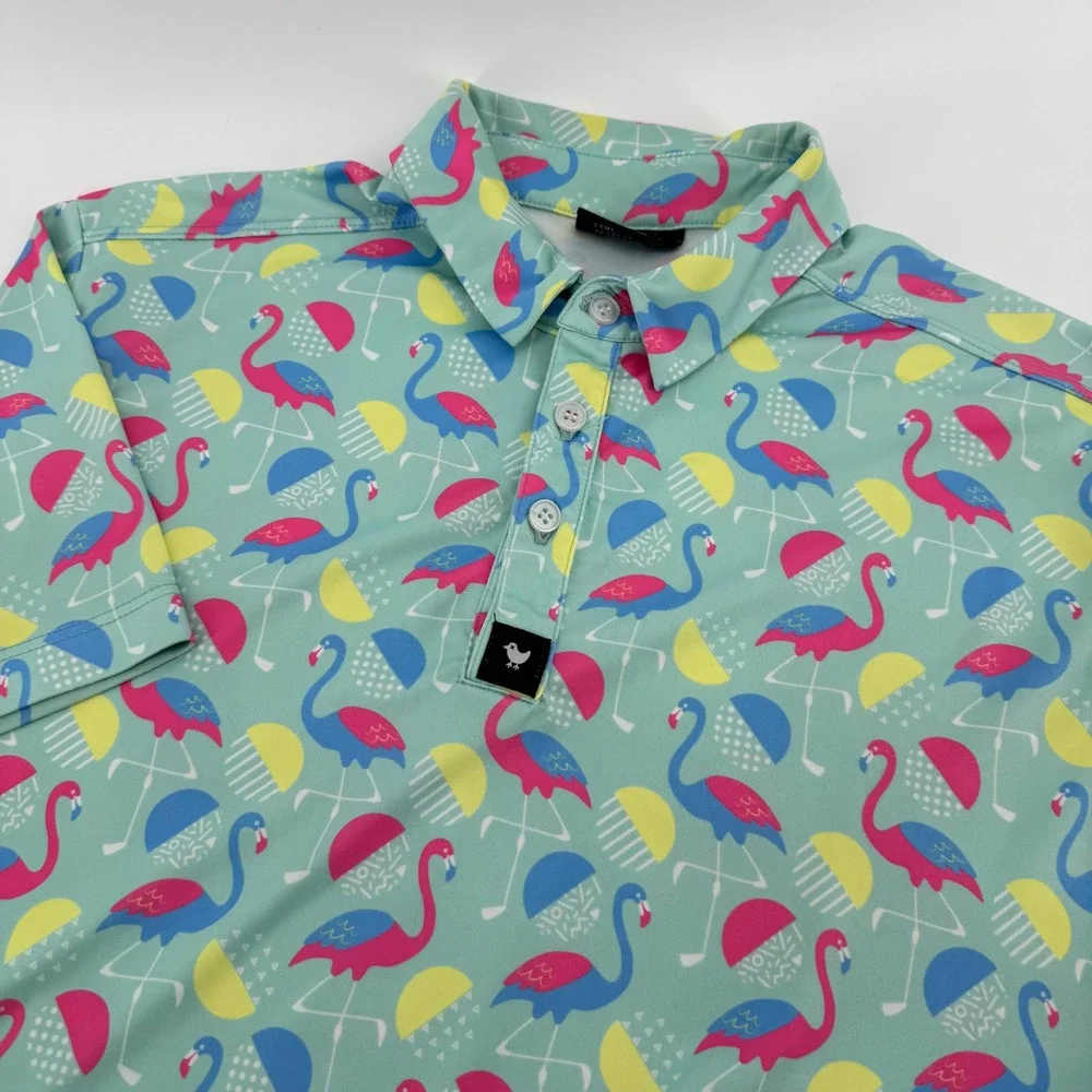 Bad Birdie Golf Polo Mens M Teal Flamingo Print Short Sleeve Performance Shirt